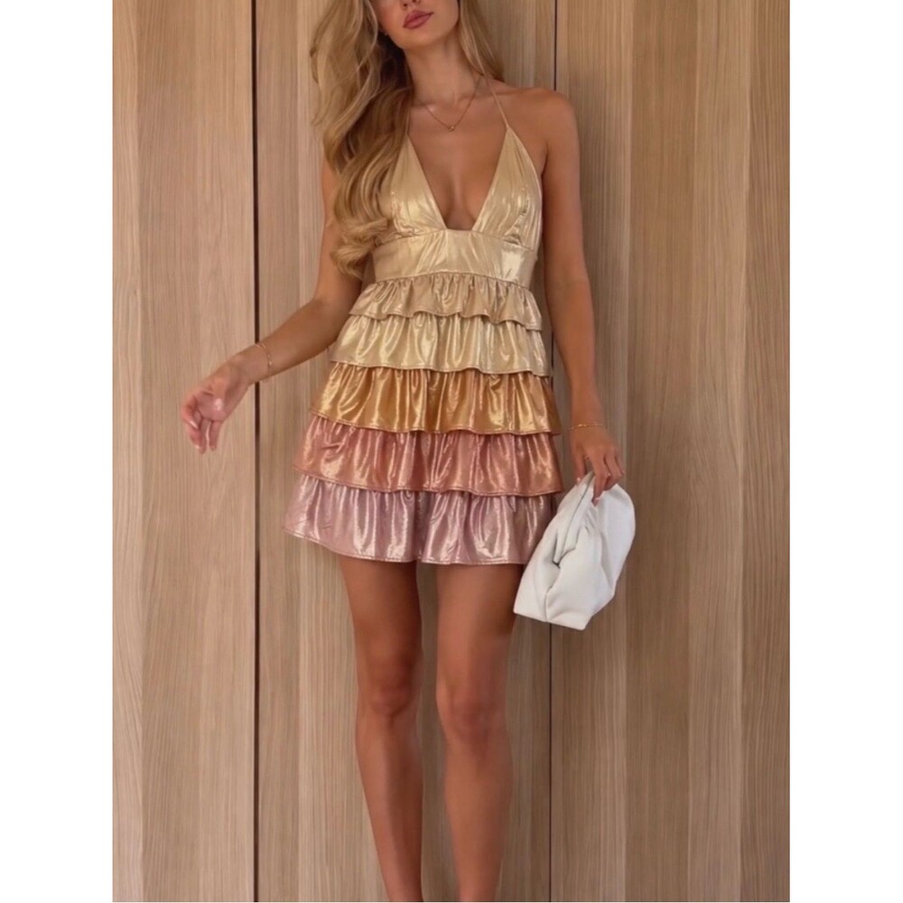 Storia Colorful Metallic Tiered Ruffle Party Mini Dress Women’s Size Large